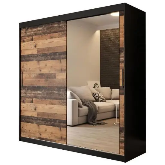Szafa Old Wood T2 200 Czarny/Old Style/Lustro Bezpieczna płatność