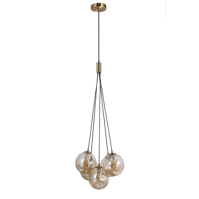 Lampa wisząca Perlos PND-54456-5-HB-AMB oprawa w kolorze mosiądzu z bursztynowymi kloszami ITALUX Ekspresowa dostawa